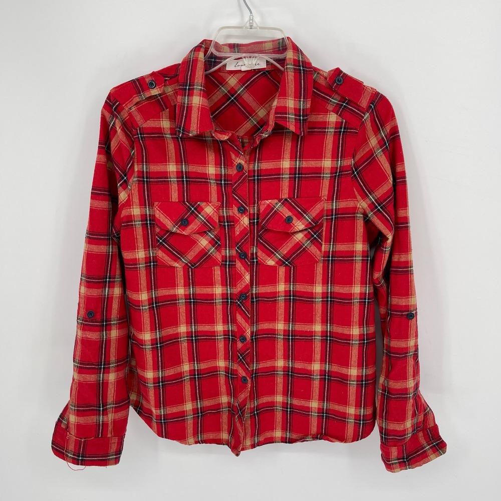 Love Tree Women's‎ Red Plaid Button Down Roll Tab Sleeve Flannel Shirt Size M